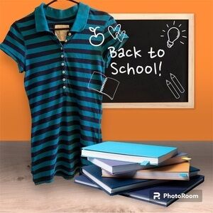 Red Camel Vintage Womens Juniors Size Medium Slim Blue Striped Polo Shirt